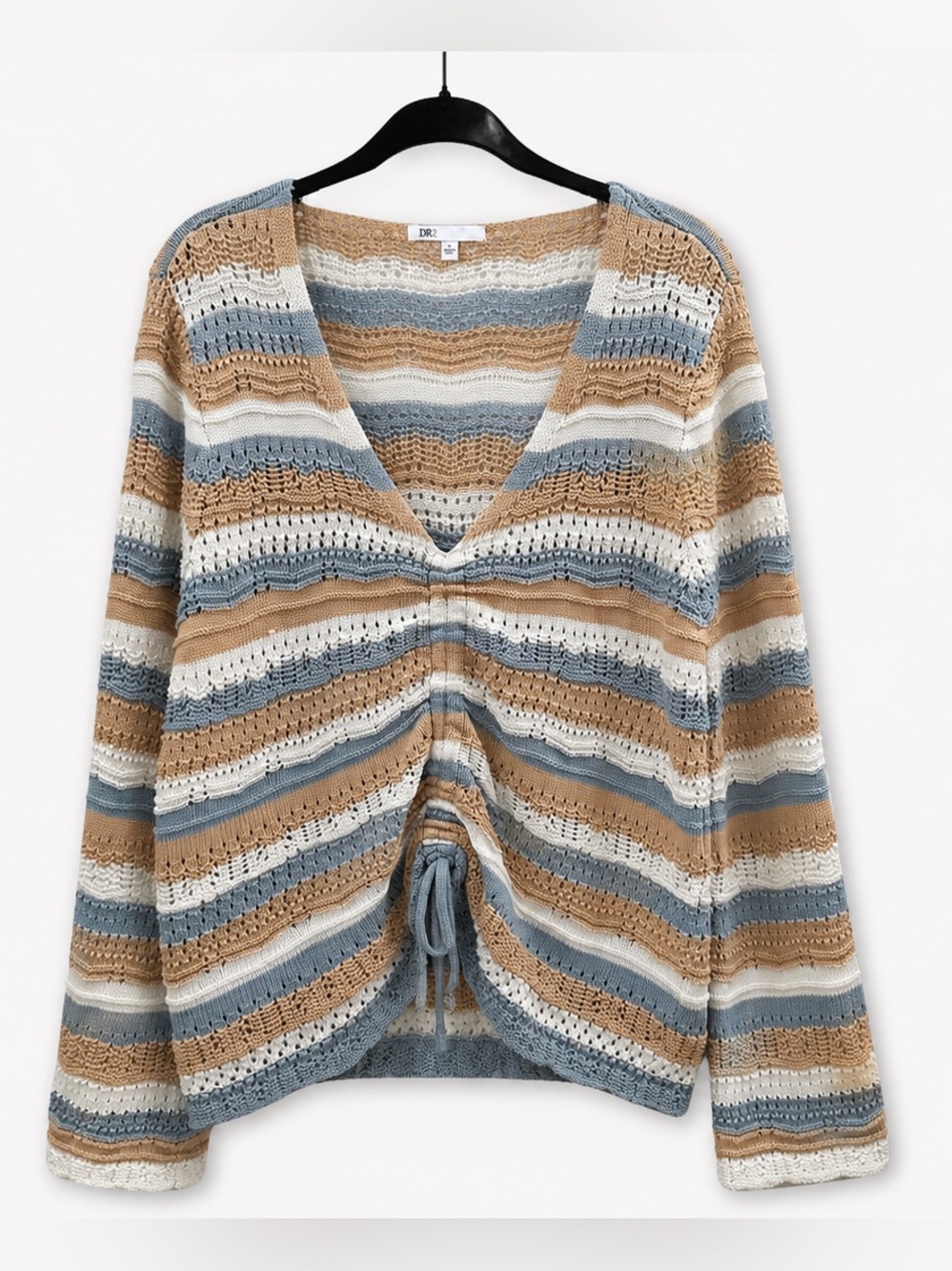 DR2’s Women’s Striped Drawstring V-Neck Knit Sweater, Size Large